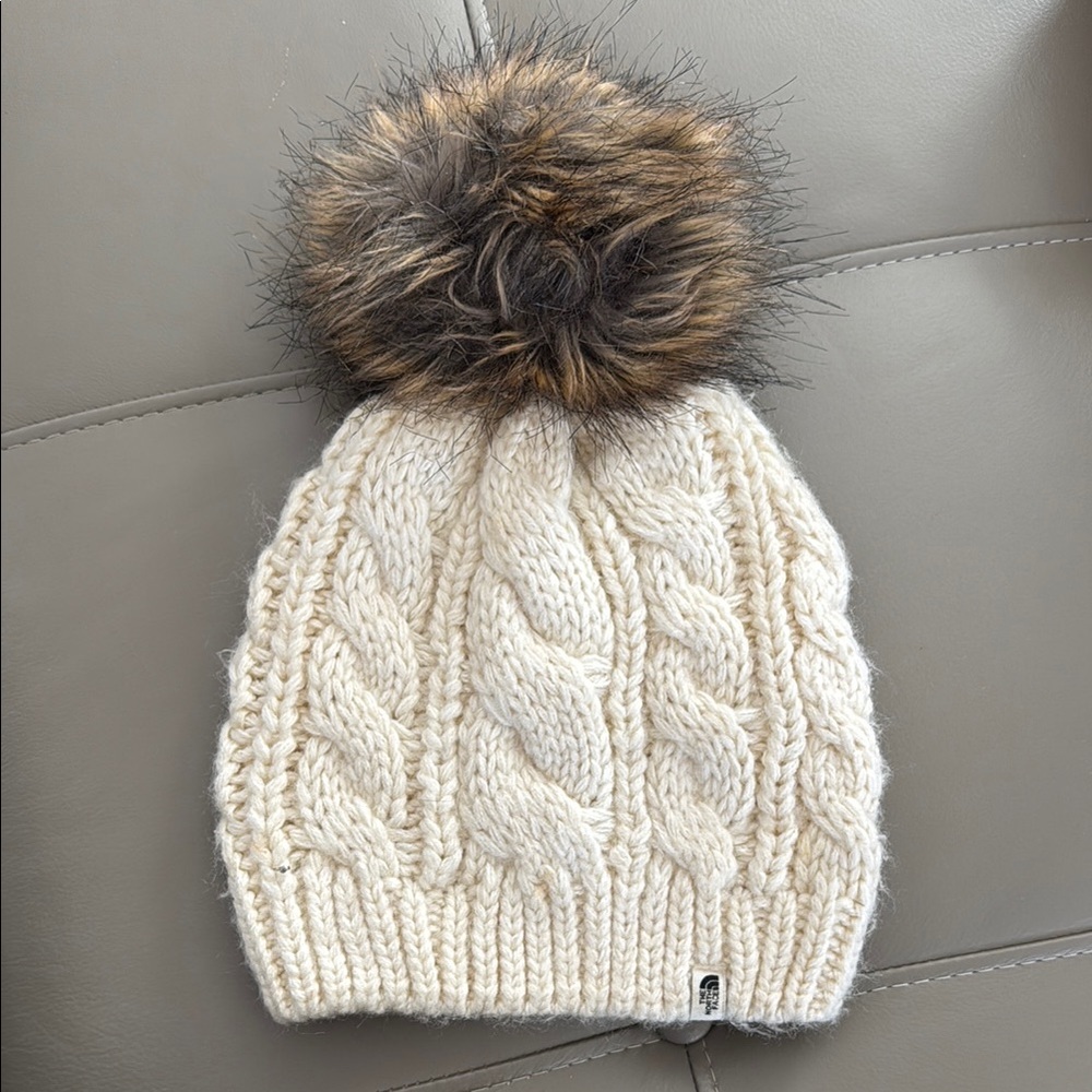 The North Face Cream and Brown Cable Knit Hat